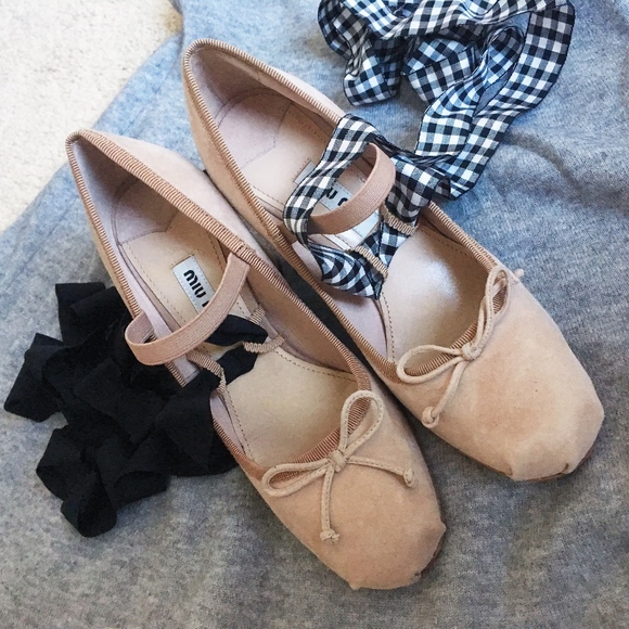 Miu Miu Leather Ballerina Lace-up Pumps - Picture 1 of 4
